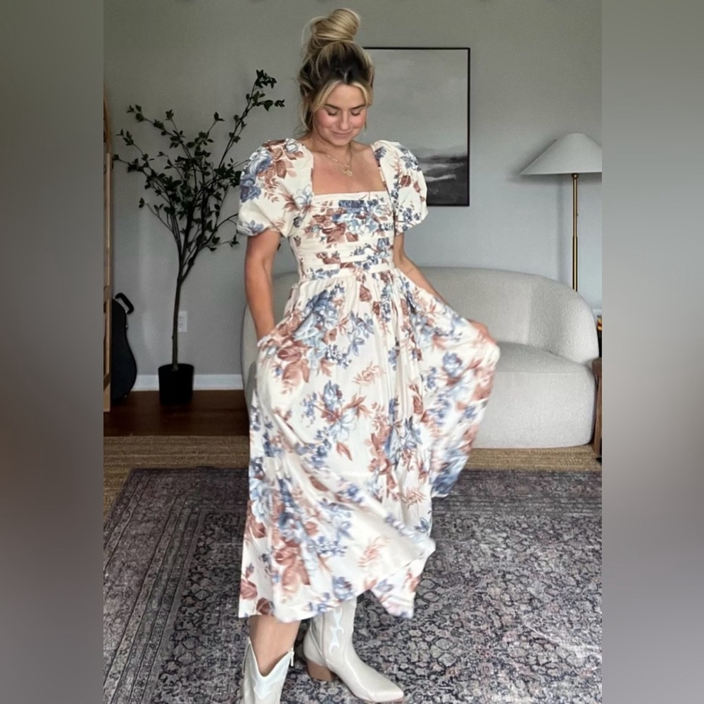 Abercrombie & Fitch The Emerson Poplin Puff Sleeve Midi Dress — Smocked Back m - Picture 4 of 14